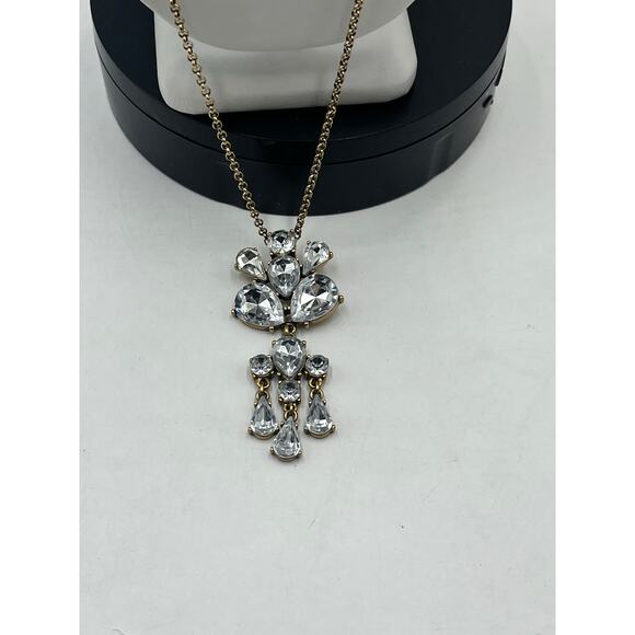 J. Crew Gold Tone Clear Rhinestone Flower Cluster Pendant Long Necklace - Picture 3 of 10